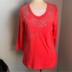 Trilllogy by Morning Sun L Salmon Layered Look Embellished Knit Top